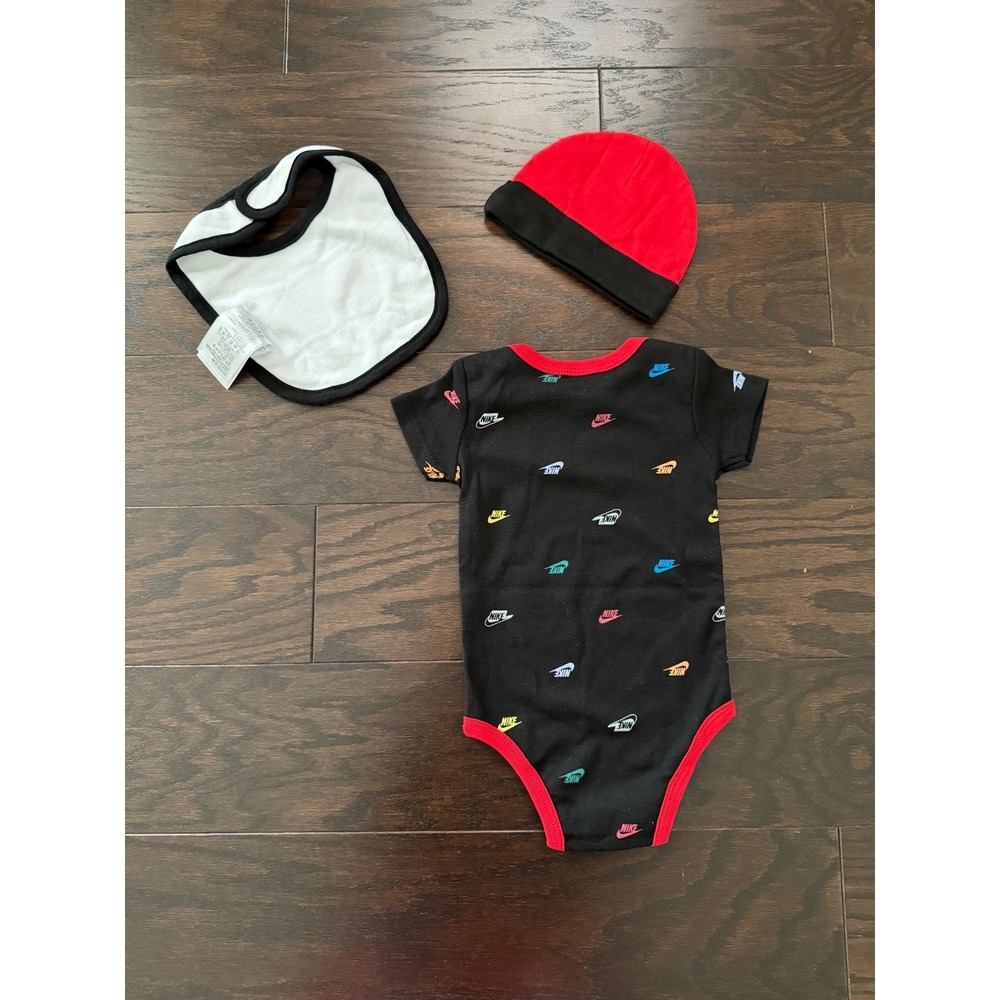 Nike Infant Boys 3 Piece Set Bodysuit Beanie Bib Black Red Multi Logo 6-12M - Picture 5 of 6